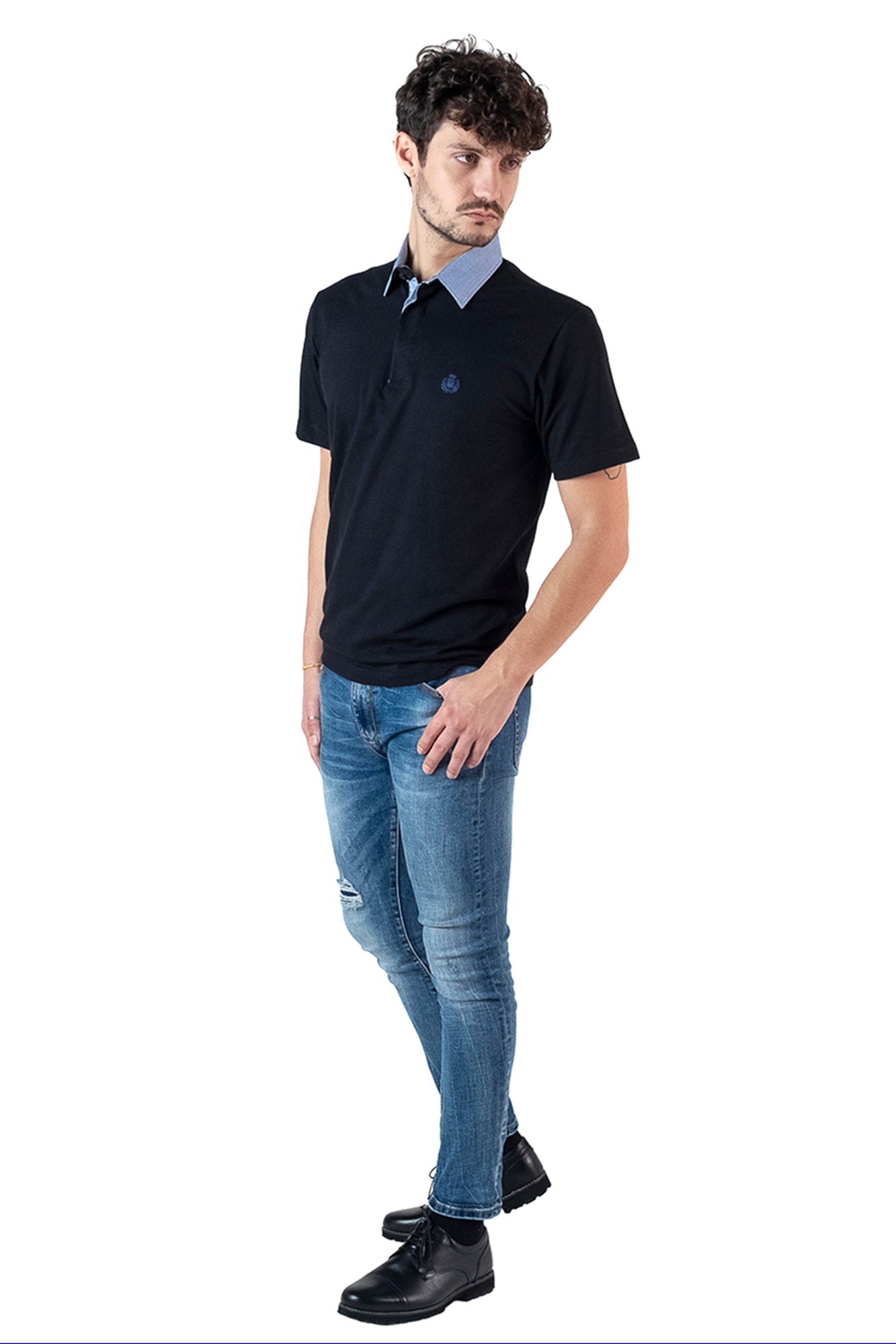 Piquet Blu Navy collo a righe bianche e blu